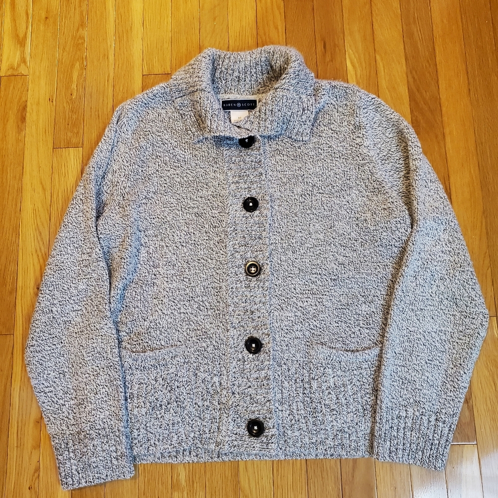 5/$20 Button front knit marled gray collared cardigan sweater Karen Scott Large